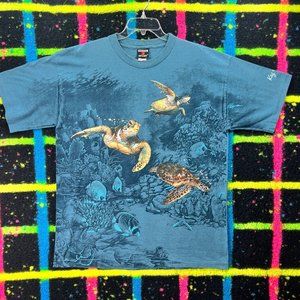 Nature T Shirt XL Vintage All Over Print Sea Turtle New Single Stitch Key Largo